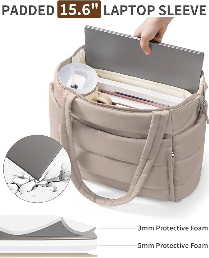 Puffer Tote Bag for Women, Lightweight Puffy Work Handbag Teacher Nurse Quilted Shoulder Bag for School Travel Gym