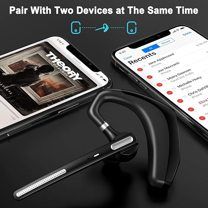 CANDEO Bluetooth Headset, Wireless Bluetooth Earpiece Hands-Free Earphones with Built-in Mic for Driving/Business/Office, Compatible with iPhone and Android