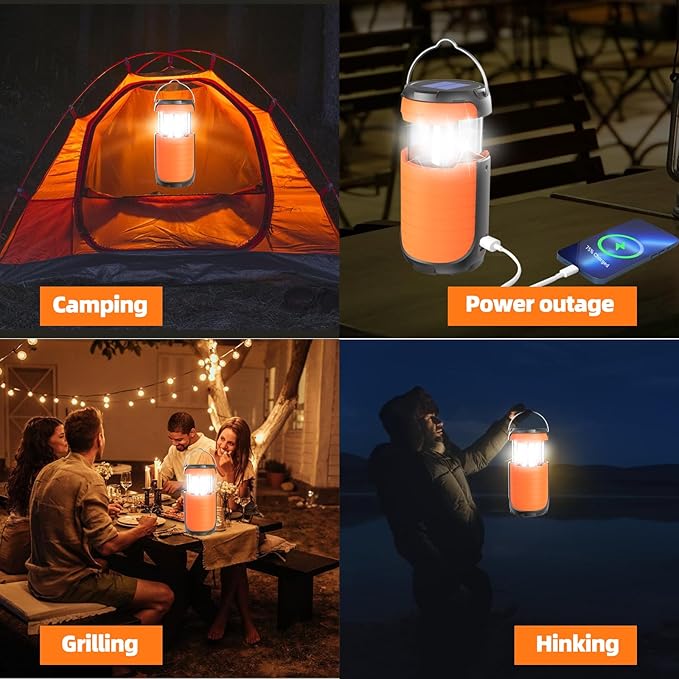 Solar Camping Lantern,Rechargeable Battery Powered Camping Lantern, 2 Lighting Modes, 5000mAh Long Battery Life, USB Charging Port, Waterproof Camping Lamp for Emergency/ Hiking/ Fishing