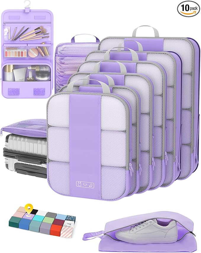 10 Set Compression Packing Cubes for Travel Essentials,Compressible Expandable Packing Cubes for Suitcase,OlarHike Luggage Organizer Bags for Travel,Handy Helper for Organizing Clothes(Light Purple)