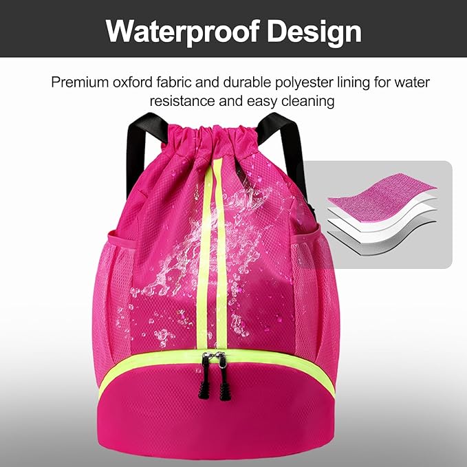 Hoedia Sports Drawstring Backpack - String Swim Gym Bag with Shoes Compartment and Wet Proof Pocket for Women&Men
