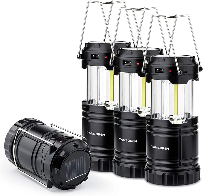 4 Pack Solar USB Rechargeable 3 AA Power Brightest COB LED Camping Lantern with Magnetic Base, Charging for Android, Waterproof Collapsible Emergency LED Light