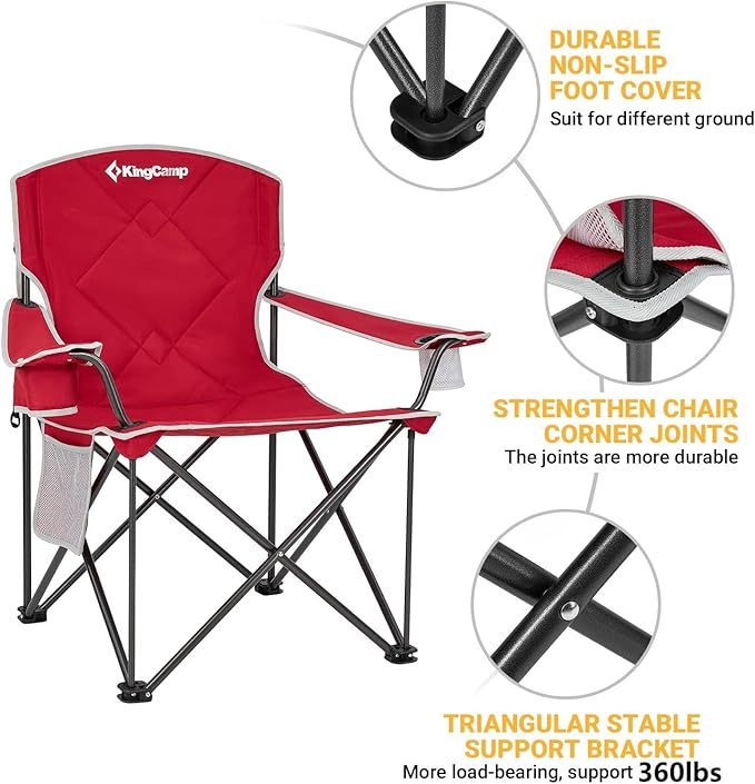 KingCamp Oversized Camping Chair, Portable Folding Outdoor Chairs with Comfortable Padded Seat, Side Pocket and Cup Holder for Fishing, Tailgates, Beach, Lawn, RED