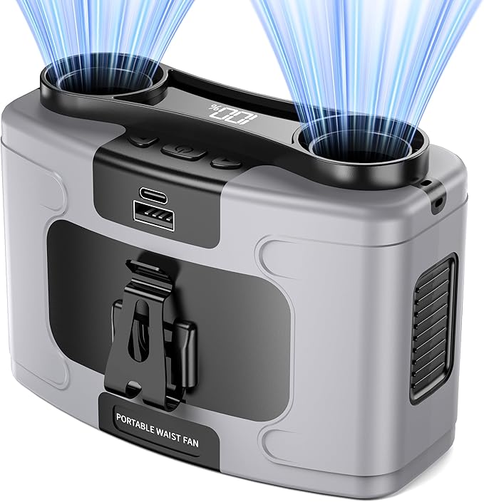 Portable Waist Fan, 20000mAh Battery Operated, Clip On Belt & Rechargeable, 10 Speeds 16000RPM Strong Airflow, Max 40H Working Time, Personal Shirt Fan for Outdoor Jobsite Camping Travel