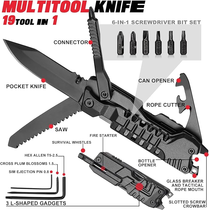 19 In 1 Multitool Pocket Knife - EDC, Outdoor, Camping Gear, Pocket Knife for Men, Brother, Uncle, Grandpa, Cool Gadgets Gifts Idea, Stocking Stuffers for Christmas, Birthday, Fathers day