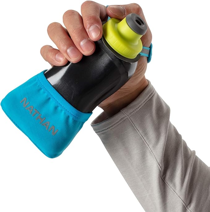Nathan Running Handheld Water Bottle Adjustable No-Grip Quick Squeeze Lite Hand Strap. 12 oz Insulated Water Bottle. Reflective Hydration
