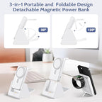 3-in-1 Wireless Charging Station: Portable 10000mAh Power Bank Charger Compatible for Phone Air/17/16/15/14/13/12 Series and Watch - Detachable Magnetic Charging Stand White