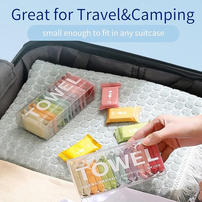 Disposable Compressed Towels, Portable Compressed Towel Tablets, 56Pcs Travel Wash Cloth, Thicker Super Absorbent Wash Cloths for Travel, Face Towel Ideal for Outdoor Camping Hiking (56Pcs)