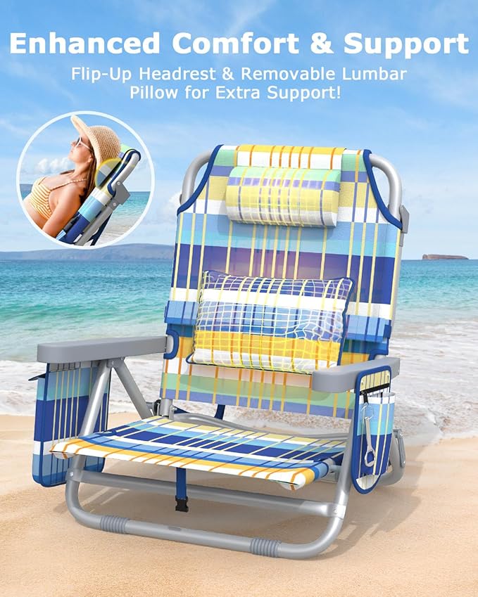 ZENPETIO Beach Chair, Camping Chair for Adults, Reclining Backpack Chair for Pool, Beach, Camping, Outdoors