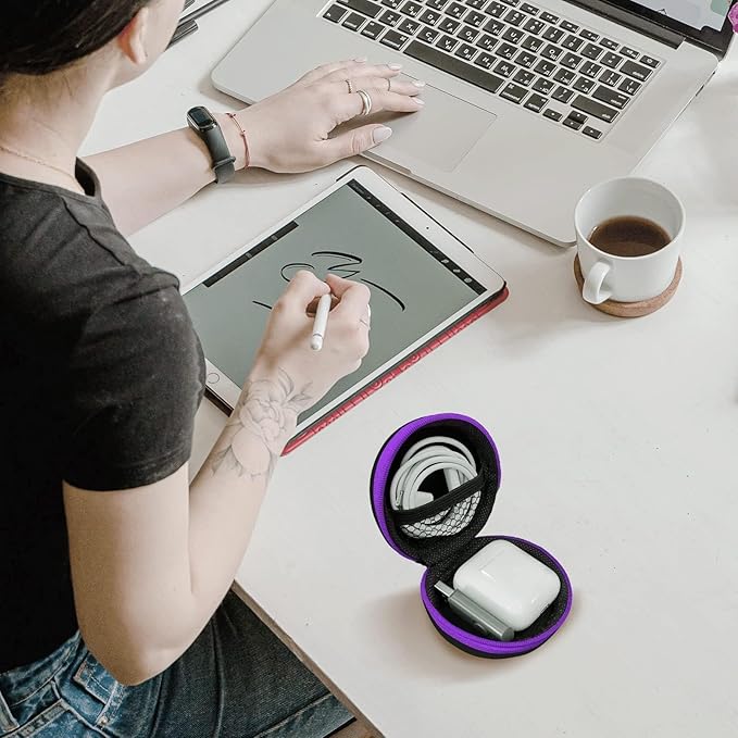 Round Earbud Case Portable EVA Carrying Case Storage Bag Cell Phone Accessories Organizer with Carabiner for Earphone, Earbud, Earpieces, SD Memory Card, Camera Chips, Purple
