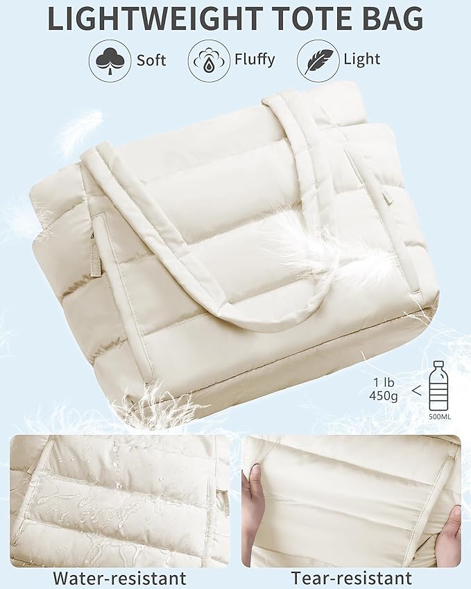 Puffer Tote Bag for Women, Lightweight Puffy Work Handbag Teacher Nurse Quilted Shoulder Bag for School Travel Gym
