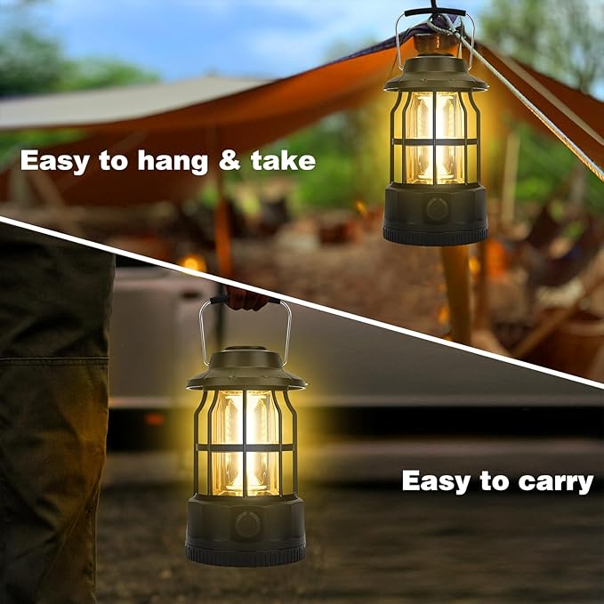 Camping Lantern Rechargeable USB Powered, Stepless Dimmer, Metal Retro Camping Light Waterproof Hanging LED Vintage Tent Lamp for Outdoor Hiking Fishing Emergency (Black)