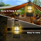 Camping Lantern Rechargeable USB Powered, Stepless Dimmer, Metal Retro Camping Light Waterproof Hanging LED Vintage Tent Lamp for Outdoor Hiking Fishing Emergency (Black)