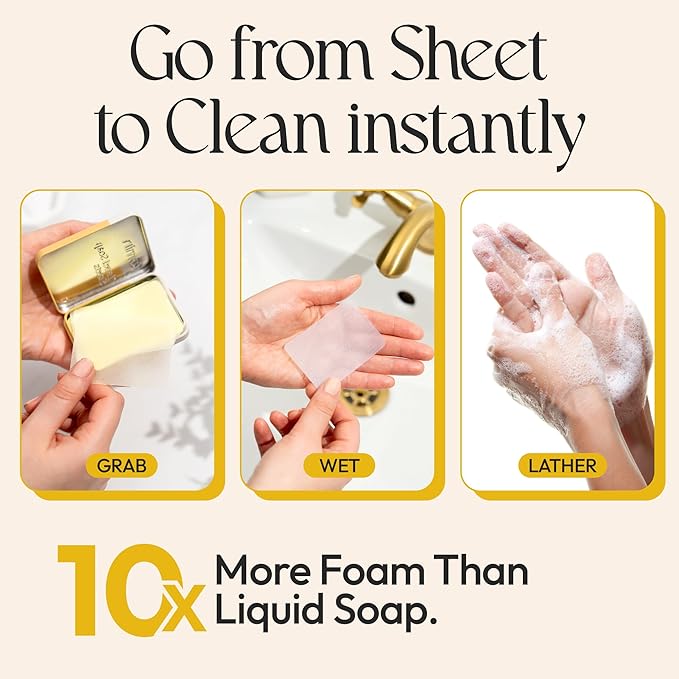 FOMIN - Antibacterial Paper Soap Sheets for Traveling - 100 Lemon Portable Hand Soap Sheets for Travel in Tin - Dissolvable Mini Portable Travel Soap Sheet for Hand Washing, Camping and Hiking
