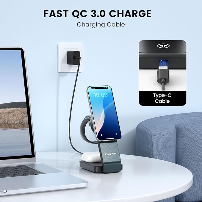 3-in-1 Wireless Charging Station for Apple Devices, 15W Wireless Charger for iPhone 17/16/15/14/13/12, Apple Watch, AirPods, Magnetic Foldable Fast Charger Apple Charging Station (Black)