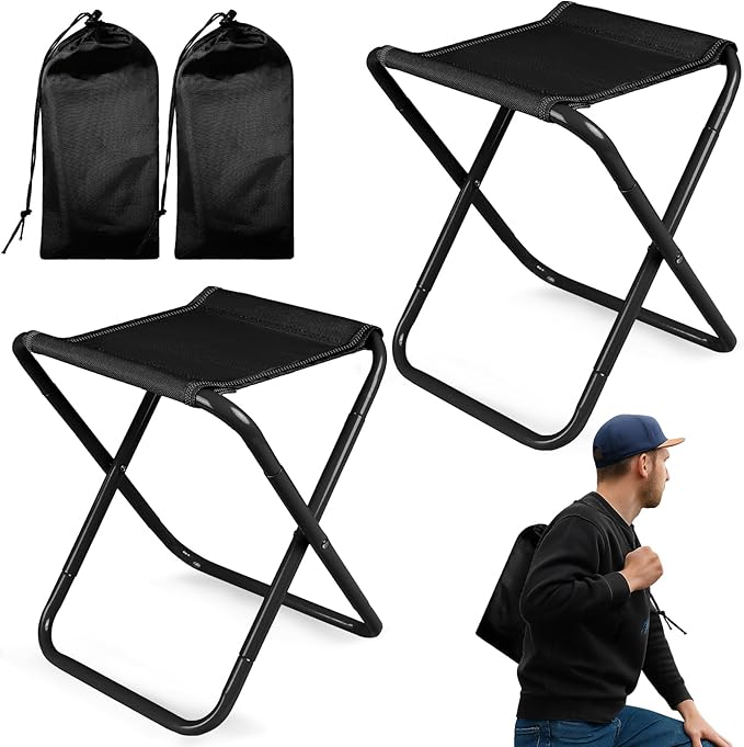 Camping Stool,2-Pack Portable Folding Stool with Carry Bag, 12in Portable Folding Chair Collapsible Camp Stool Outdoor Footstool for Travel Walking Hiking Fishing Picnic (Black(2-Pack))