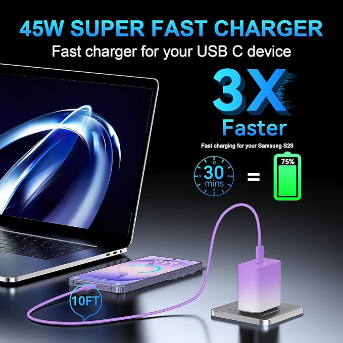 45W USB C Super Fast Charger Type C Charger Fast Charging Android Phone Charger Block with 10FT Type C Charging Cable for Samsung Galaxy S26 Ultra/S26/S26+/S25/S25 Ultra/S25+/S24 Ultra/S23 Ultra/S22