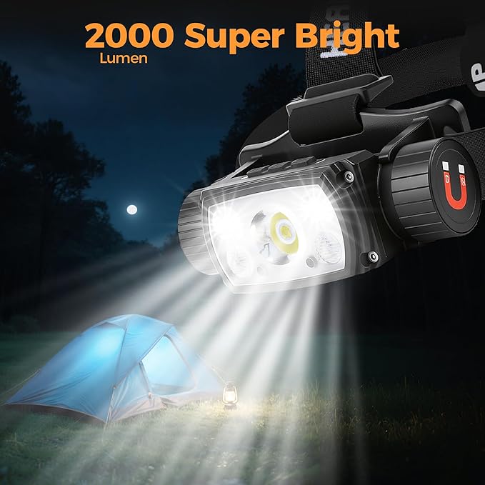 Headlamp Rechargeable, 2000 Lumen Super Bright LED Head Lamps with Red Light, 6 Modes Motion Sensor Magnetic Headband Flashlight, 4000 mAh Battery Powered Adjustable Head Lights for Adults Outdoor