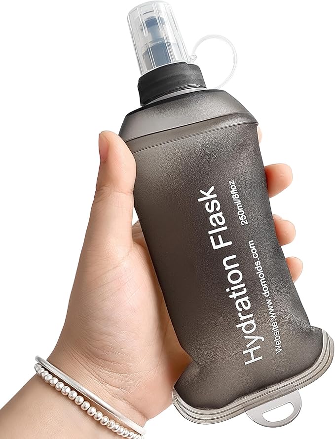 GYGYL Soft Flask, TPU Collapsible Soft Water Bottle for Hydration Pack, Running Vest, Leak-Proof Folding Water Bottle for Hiking Cycling Climbing Jogging-250ml Grey