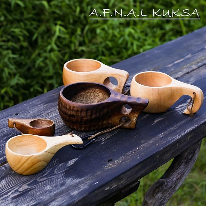 Kuksa Camping Mug Wooden Bushcraft Handcarved Cup, Nordic Style Coffee & Hiking Kuksa, Rubber Wood with Double Hole & Engraved Pattern, 7.1 oz., 6.3" x 3.8" x 2.6"