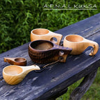 Kuksa Camping Mug Wooden Bushcraft Handcarved Cup, Nordic Style Coffee & Hiking Kuksa, Rubber Wood with Double Hole & Engraved Pattern, 7.1 oz., 6.3" x 3.8" x 2.6"