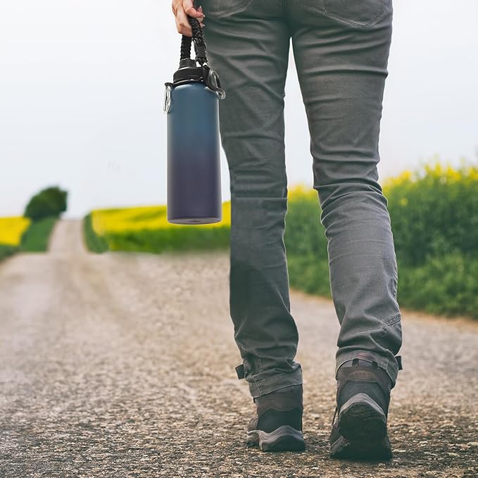 Volhoply Insulated Water Bottles Bulk 2 Pack, 40 oz Stainless Steel Sports Bottle with Paracord Handle & Spout Lid, Reusable Double Walled Vacuum Travel Cups for Adults Hiking(Dark Night,2 Set)