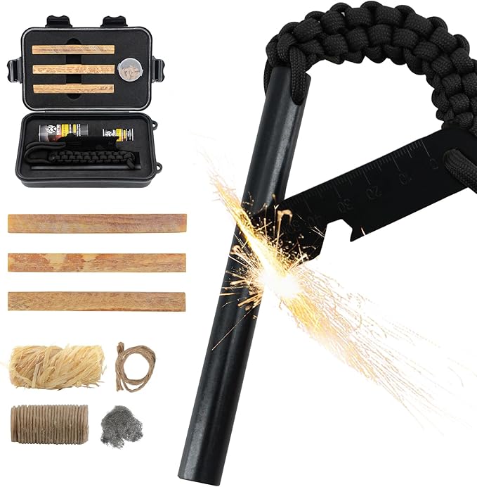 Oversized Survival Ferrocerium, Drilled Flint Fire Starter, 550 Paracord Handle, 25,000+ Sparks with EVA Case