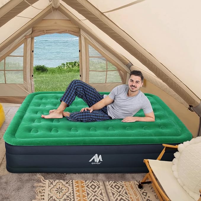 AYAMAYA Queen Camping Air Mattress with Built-In & Detachable Electric Pump -Portable 16 Inch Luxury Double High Inflatable Airbed,Self Inflating Air Mattress,No Power Outlet Needed for Camping & Home