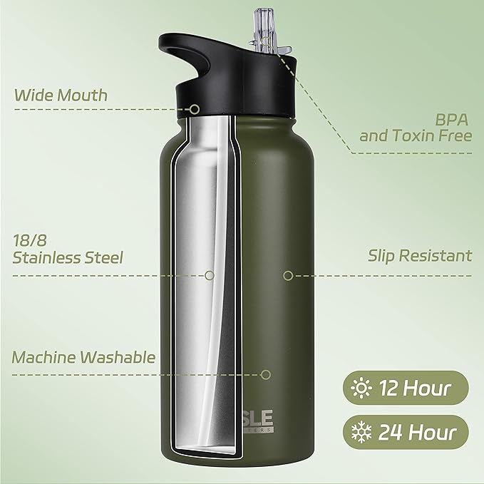 HASLE OUTFITTERS 32 oz Insulated Water Bottle Stainless Steel Double Walled Vacuum Sports Water Bottle with 2 Lids (Straw and Spout Lid) for Gym Camping Hiking(Army Green,8)