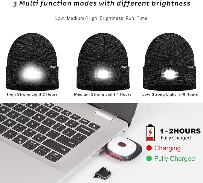 ATNKE LED Lighted Beanie Hat,USB Rechargeable 4 LED Running Headlamp Bright Cap with The Light Gifts for Men and Women