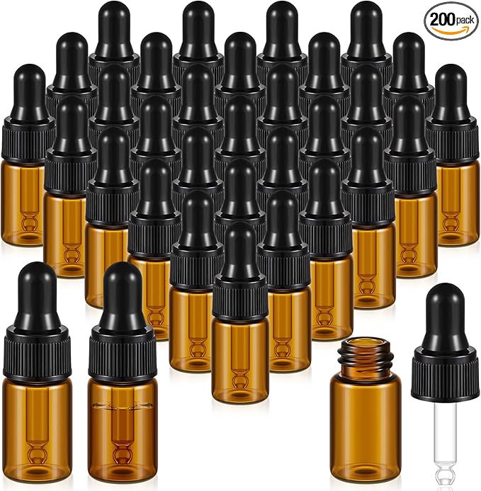 200 Pcs Mini Glass Oil Dropper Bottle Bulk, Clear Essential Small Empty Bottles Sample Containers Perfume Liquid Vials with Cap for Traveling (3 ml,Amber)