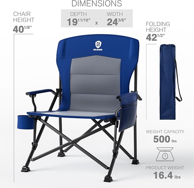 EVER ADVANCED Oversized Folding Camping Chair for Adults, Heavy Duty Lawn Chair with Side Pockets, Portable Collapsible Quad Chair for Outside, Support Up to 500lbs, Blue 2PACK