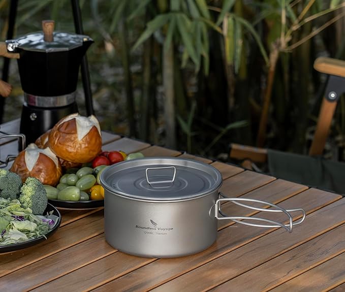 Boundless Voyage Titanium Pot Portable Camping Cookware Lightweight Cooking Pot Set for Outdoor Cooking Traveling Backpacking Hiking Trekking Picnic