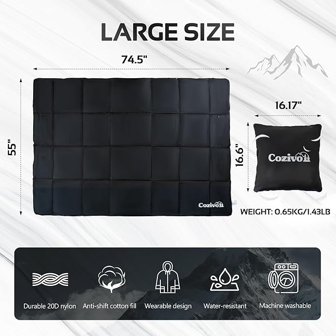 Camping Blanket, 2-in-1 Wearable Puffy Camping Blanket with Hood & Snap Buttons Waterproof Lightweight Travel Blanket Converts to Pillow for Backpacking, Beach, Picnics, Stadium (Black)