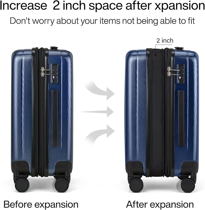 Hanke 20 Inch Expandable Carry on Luggage 22x14x9 Airline Approved Lightweight PC Hard Shell Suitcases with Wheels Travel Luggage Rolling Suitcase Travel Luggage Bag for Weekender(Dark Blue)