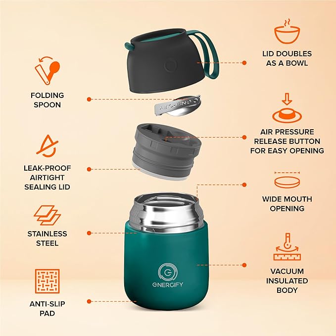 ENERGIFY Vacuum Insulated Food Jar. Large 17oz Bowl incl. Folding Spoon, Cup. Wide Mouth Keep Hot & Cold Drinks Soup Lunch Container for Adults. BPA-Free Stainless Steel, Leak Proof Olive Green