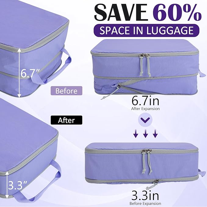 Large Compression Packing Cubes for Travel, 2 Set Compression Bags Travel Cubes for Packing Suitcase Organizer Luggage Organizer Bags Set, Purple