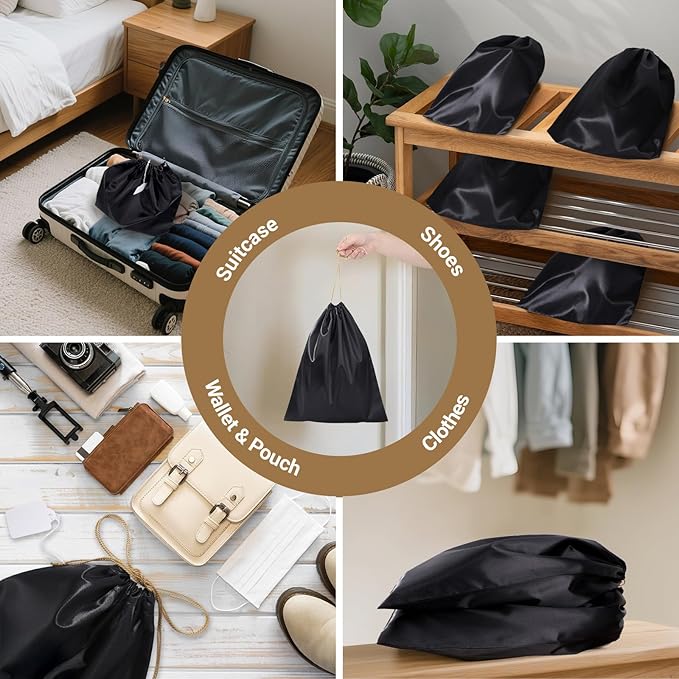 Ewen 12 Pack Satin Drawstring Dustbags with Blank Tags, Dustproof Packing Bags Set in Small Medium Large, Black Travel Essentials Organizer Pouch for Handbags Clothes Storage Shoes Purse Organization