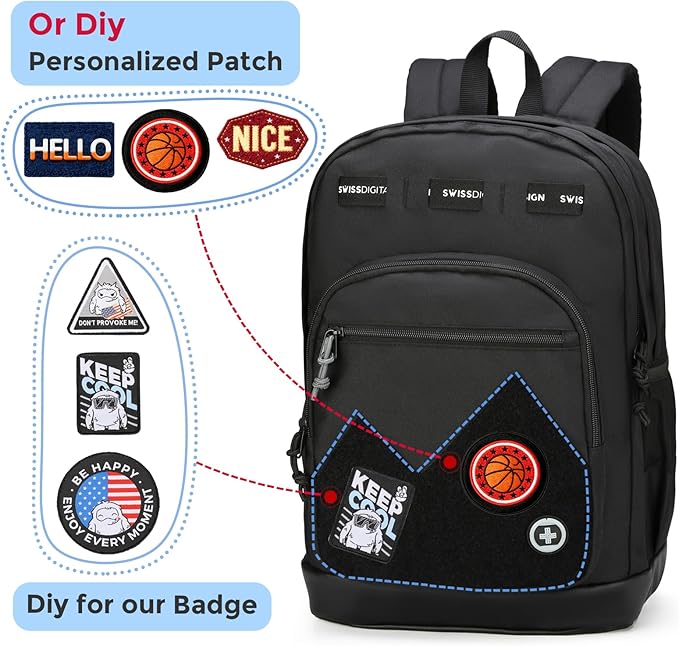 Swissdigital Design Big Student Laptop Backpack with Fun Personalized Patches For College Boy & Girl, Middle High School Teen Bookbag Cool Travel Daypack Black- Includes 3 Patches | SD1718-01
