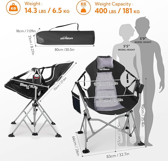 Oversized Hammock Camping Chairs, Folding Swing Chair with 1-Step Design, Swinging Hammock Chair with Adjustable Backrest, Lumbar Support & Headrest for Outdoor&Indoor, Support 400LBS, Black