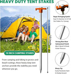 Eurmax USA Galvanized Non-Rust Camping Family Tent Pop Up Tent Stakes Canopy Anchors Heavy Duty 10pc-Pack, with 4x10ft Ropes & 1 Orange Stopper