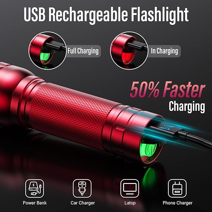 Rechargeable Flashlights High Lumens, G1000 Super Bright Flash Light 2 Pack, Small Zoomable LED Flashlight with 3 Lighting Modes, Portable Flashlights for Camping Essentials, Gift for Women (Red)