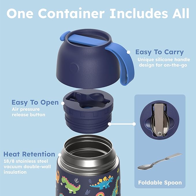 Kids Soup Thermo for Hot Food - 18 oz Wide Mouth Insulated Food Jar with Spoon for Kids| Leakproof Stainless Steel Lunch Thermo Container for Hot Food,School Travel - Easy Carry (Blue Dinosaur)