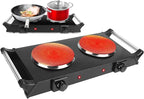 Hot Plate, 2000W Portable Electric Stove for Cooking with Stay Cool Handles & 5 Levels Adjustable Temperature, Countertop Double Coil Burner for RV Home Camp Compatible for All Cookwares,Black