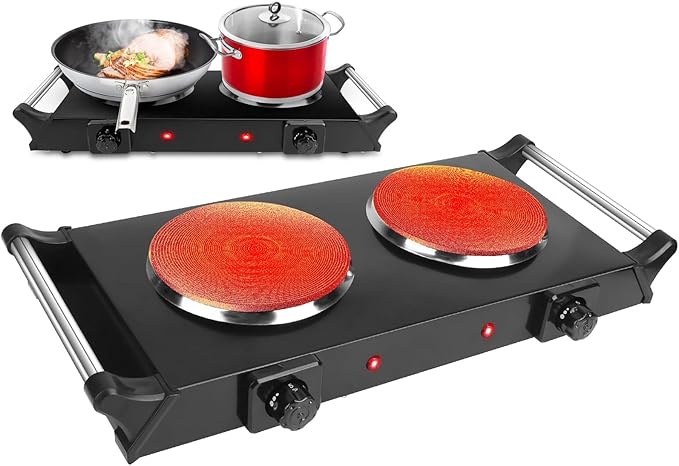 Hot Plate, 2000W Portable Electric Stove for Cooking with Stay Cool Handles & 5 Levels Adjustable Temperature, Countertop Double Coil Burner for RV Home Camp Compatible for All Cookwares,Black