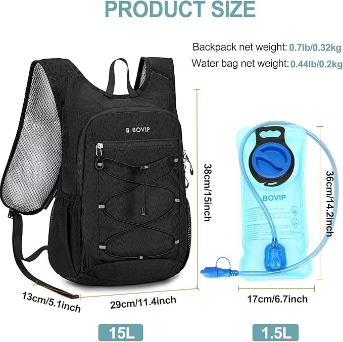 BOVIP Lightweight Hydration Back,15L Multipurpose Hiking Backpack with 1.5L Water Bladder ,Hydro Water Daypack for Cycling Hiking Rave for Men Women