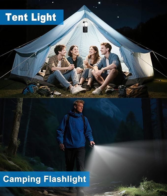 Camping Lantern Rechargeable, Solar & USB C Powered 2-in-1 Flashlight &Tent Light, Emergency Camping Light, Hanging Lanterns for Power Outages, Black 4 Pack