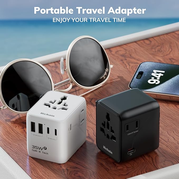 Hichain Universal Travel Adapter, 7-in-1 International Power Adapter 35W Fast Charging Adapter for Europe Plug Universal Power Block, GaN Travel Adapter Worldwide Portable Plug for EU, UK, US, AUS