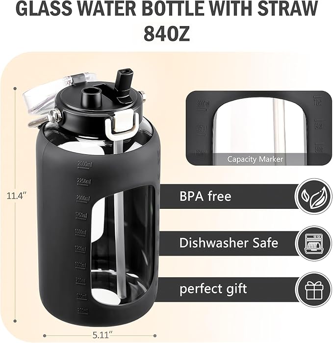 BLUEGO 84oz Water Bottle Glass with Stainless Steel Handle Large 2.5l Water Bottle with Time Markers and Silicone Sleeve Half Gallon Water Jug BPA Free for Gym Daily Use, Black