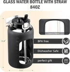 BLUEGO 84oz Water Bottle Glass with Stainless Steel Handle Large 2.5l Water Bottle with Time Markers and Silicone Sleeve Half Gallon Water Jug BPA Free for Gym Daily Use, Black